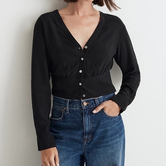 Madewell V-Neck Button-Front Shirt in True Black size XS NWT NO457 - Picture 1 of 12